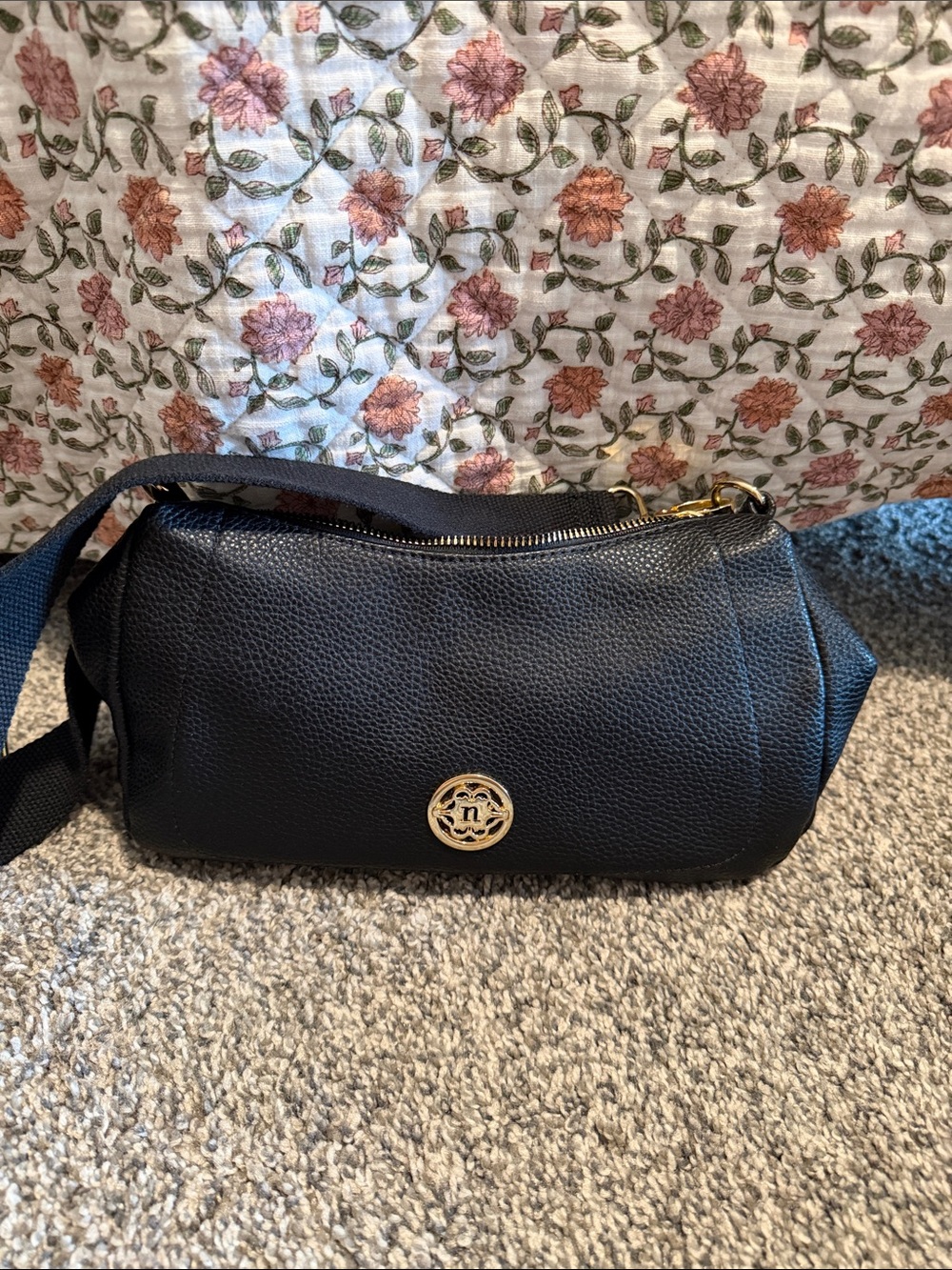 Nanette Lepore Black Pebbled Leather Crossbody with Gold Emblem